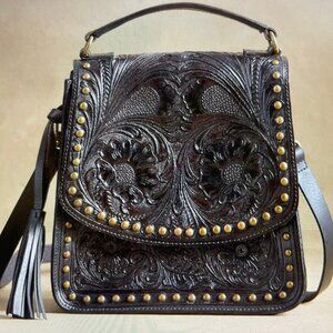 SUNDANCE Anabaglish "Baroque" Tooled Black Leather Handbag: New with Tags!!